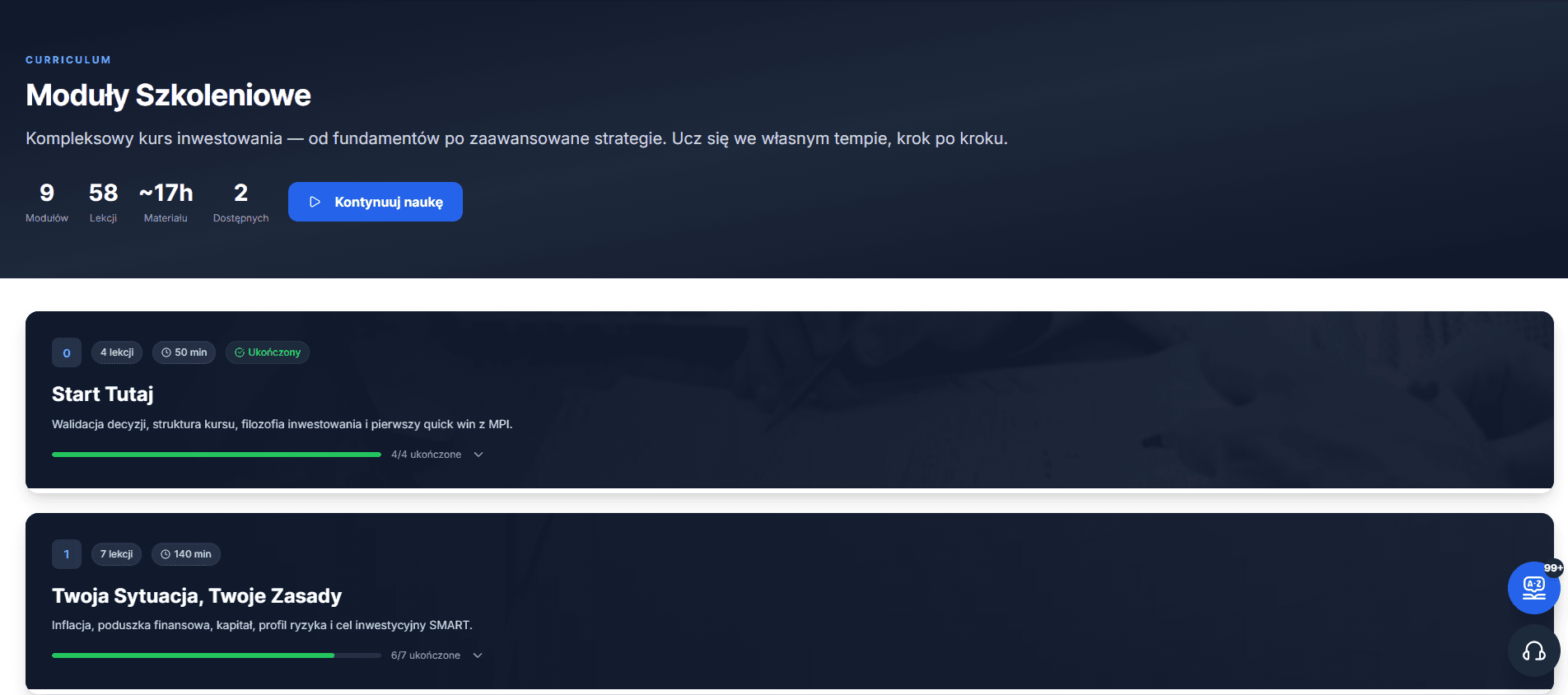 Główny widok platformy szkoleniowej z modułami i postępem nauki